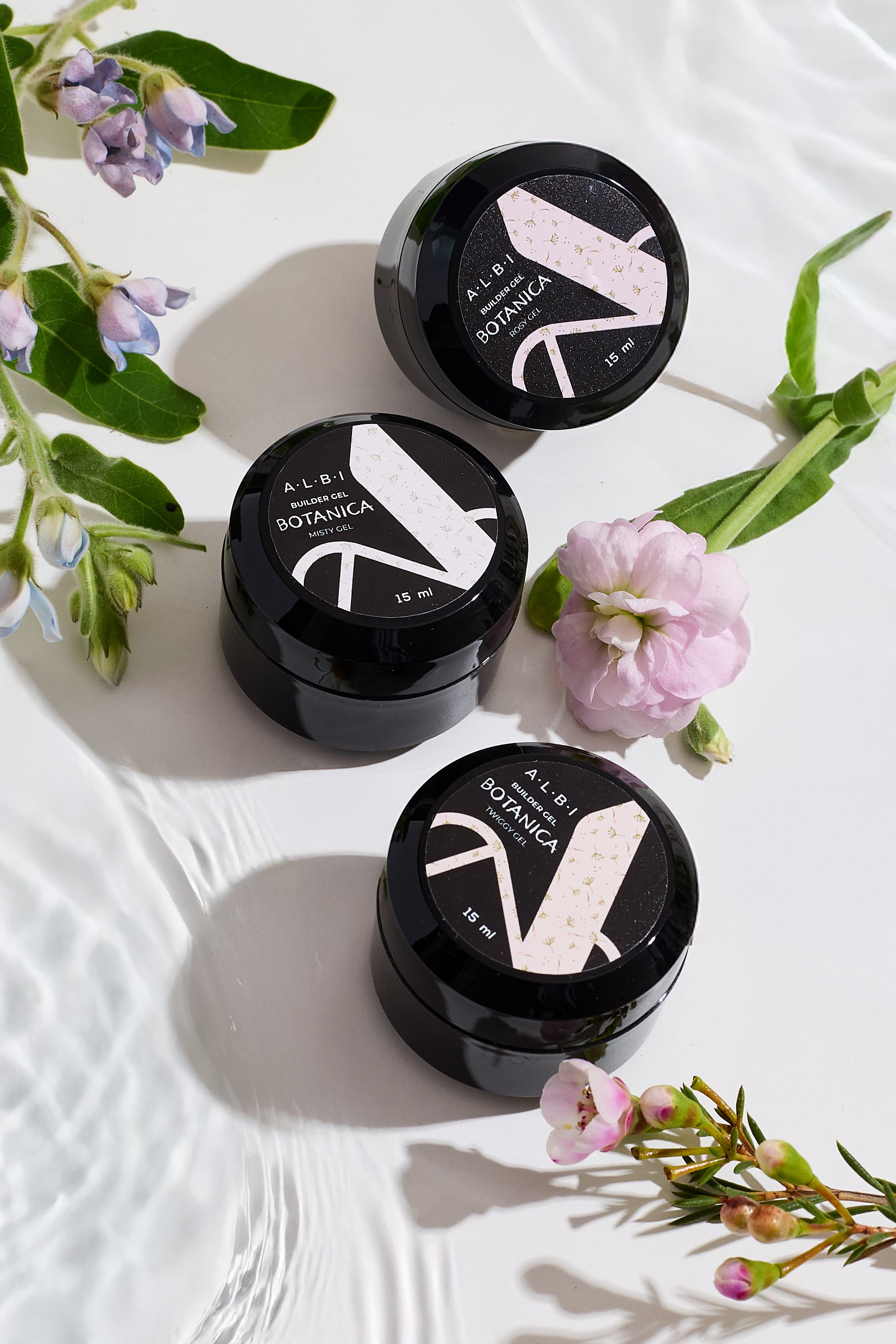 Collection ALBI Gels Botanica — gels de construction avec fleurs séchées intégrées, sans HEMA, pour prothésiste ongulaire